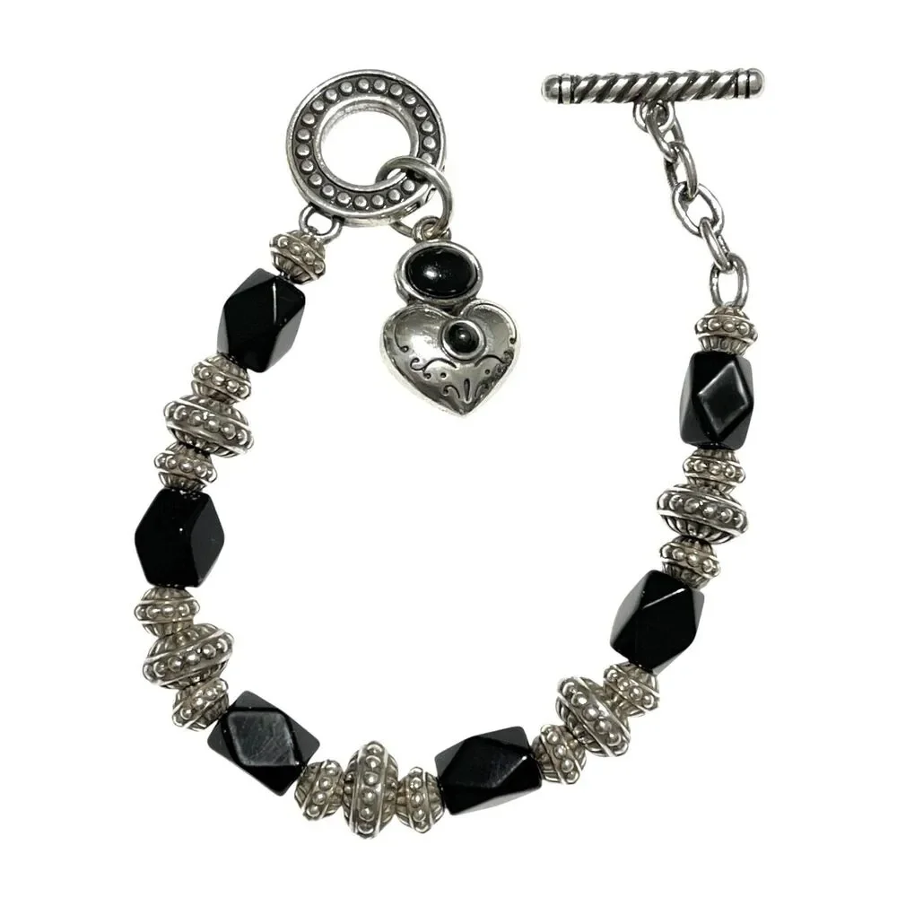 Brighton Toggle Bracelet Silver Plated Black Faceted Glass Bead Heart Love 7.5